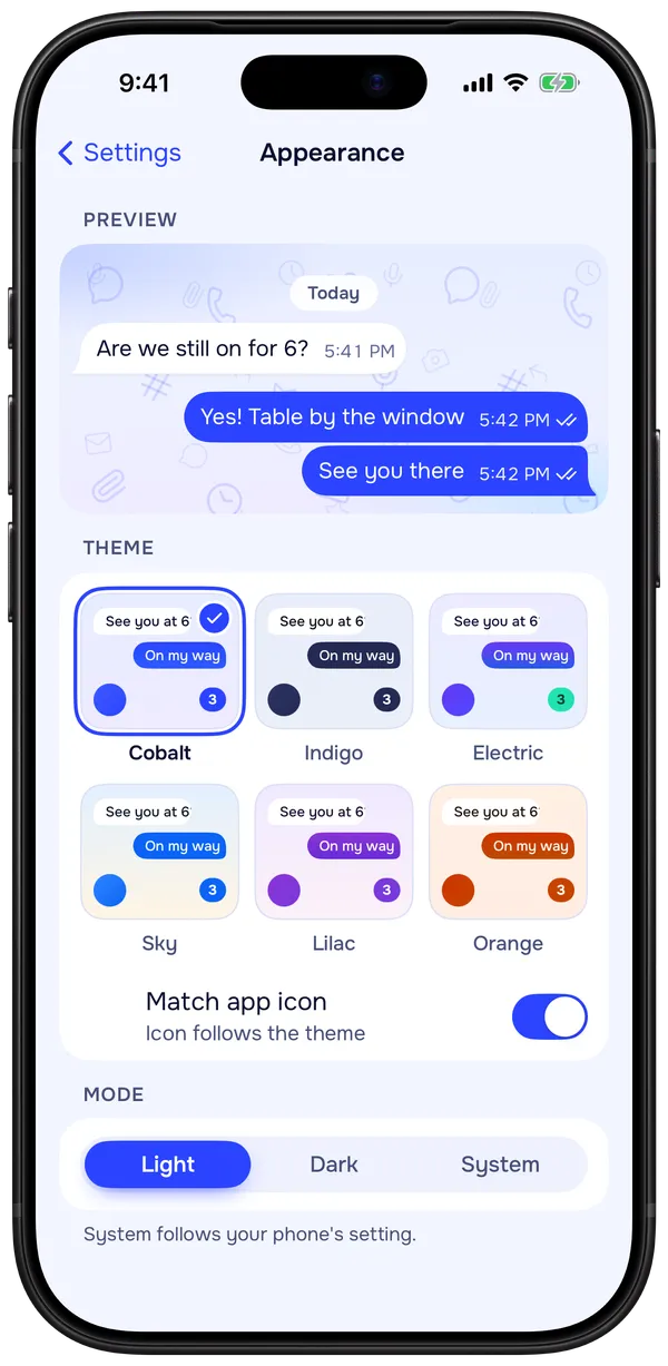 Appearance settings in HopSlide: a live preview, six themes, and light, dark or system mode